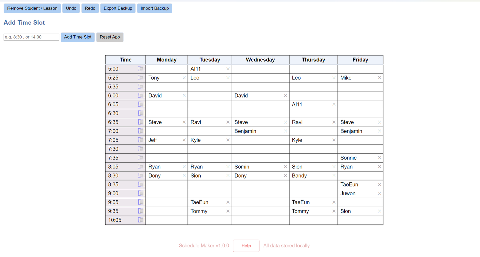 Offline class weekly schedule maker Windows desktop app with recurring student lessons