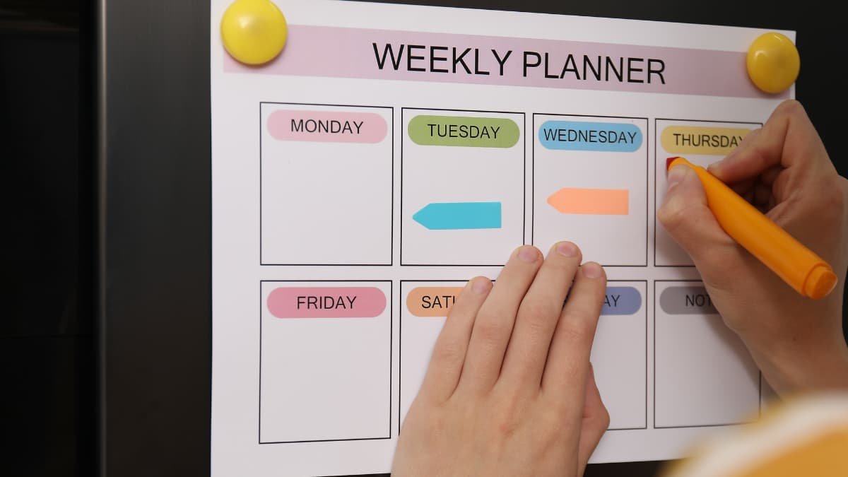 Teacher comparing a digital 
        lesson planner with a weekly teaching schedule