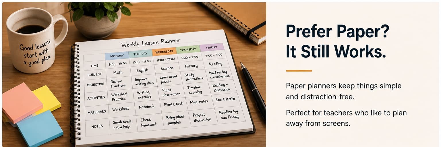 Weekly paper lesson planner for teachers