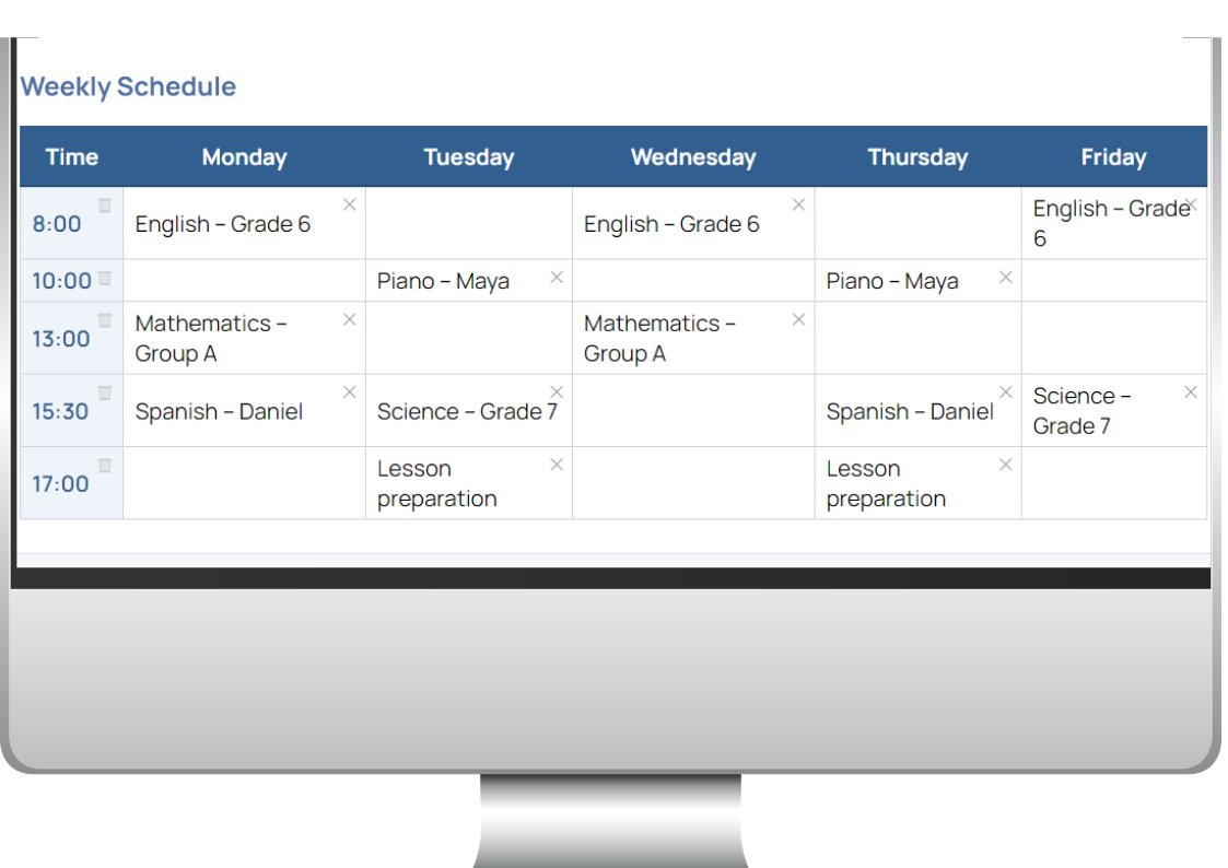 ScheduleMaker displaying recurring lessons in a weekly timetable