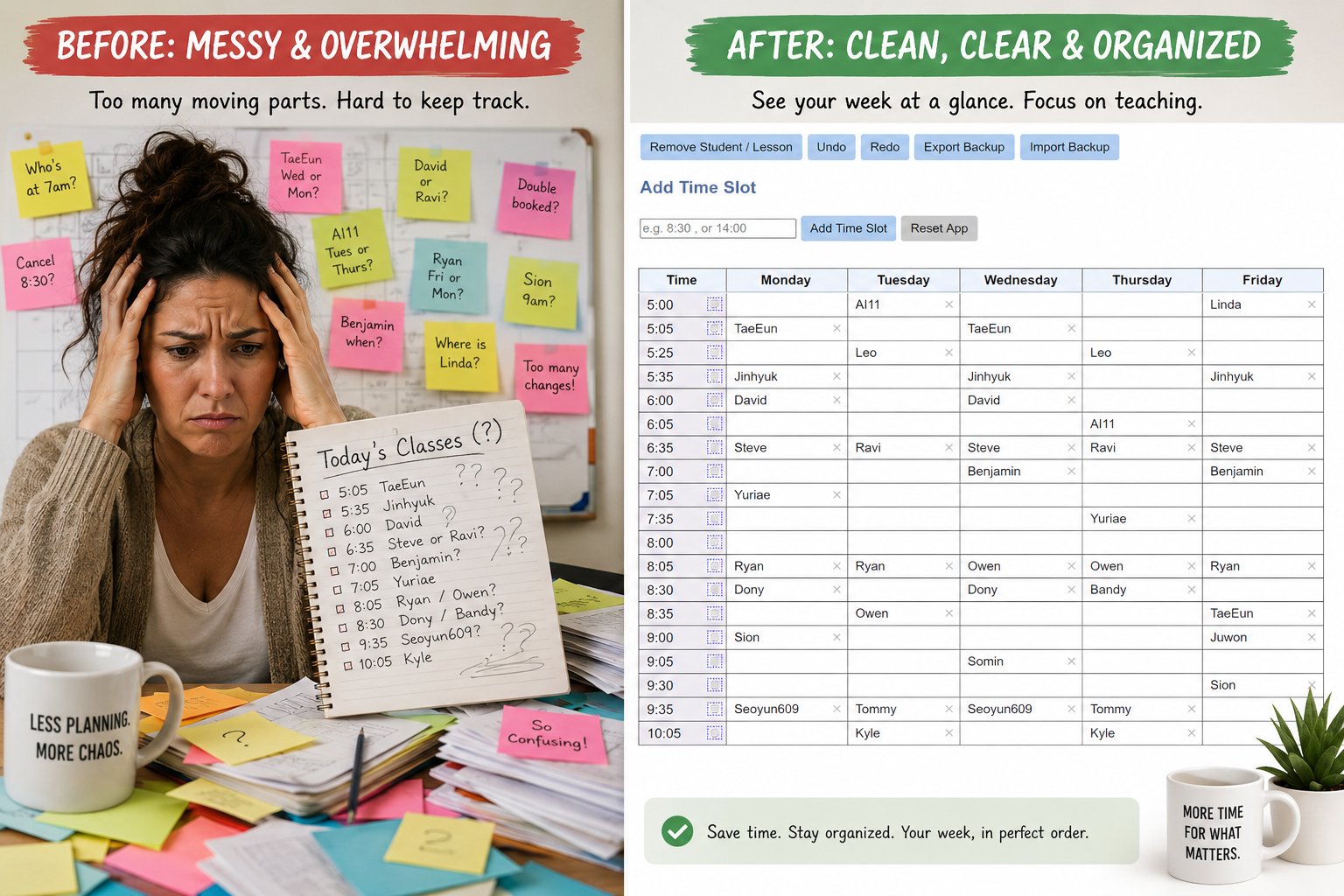 a confused woman wants to know how to organize a weekly class schedule